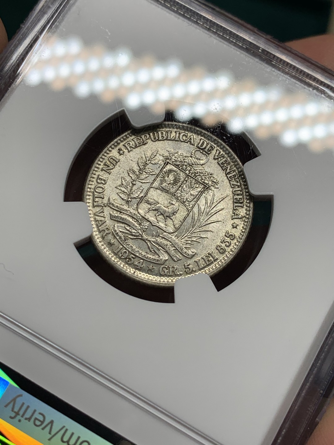 《竞宝斋》第147场-周日，周一 2场 (全场包邮) NGC-MS63 委内瑞拉1954年 1玻利瓦尔银币 原光好品