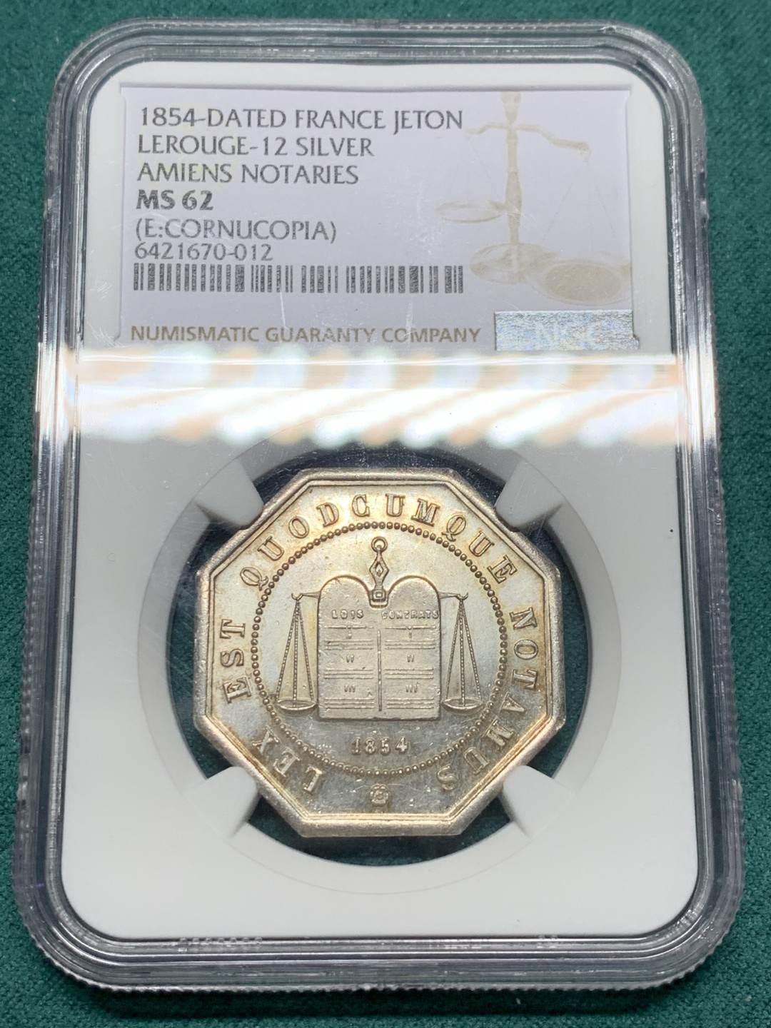《竞宝斋》第147场-周日，周一 2场 (全场包邮) NGC MS62 法国 1854 亚眠公证 银质 八角代币 状态好