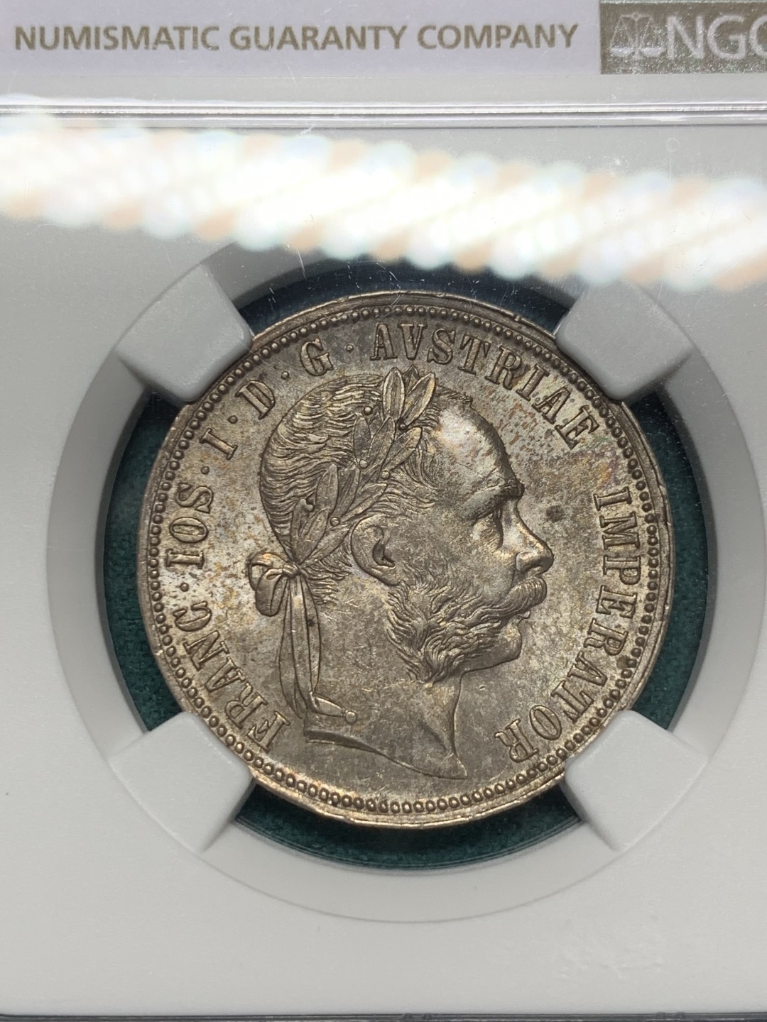 《竞宝斋》第147场-周日，周一 2场 (全场包邮) NGC-AU58 奥地利 1889年 弗朗茨1弗洛林银币 五彩好状态