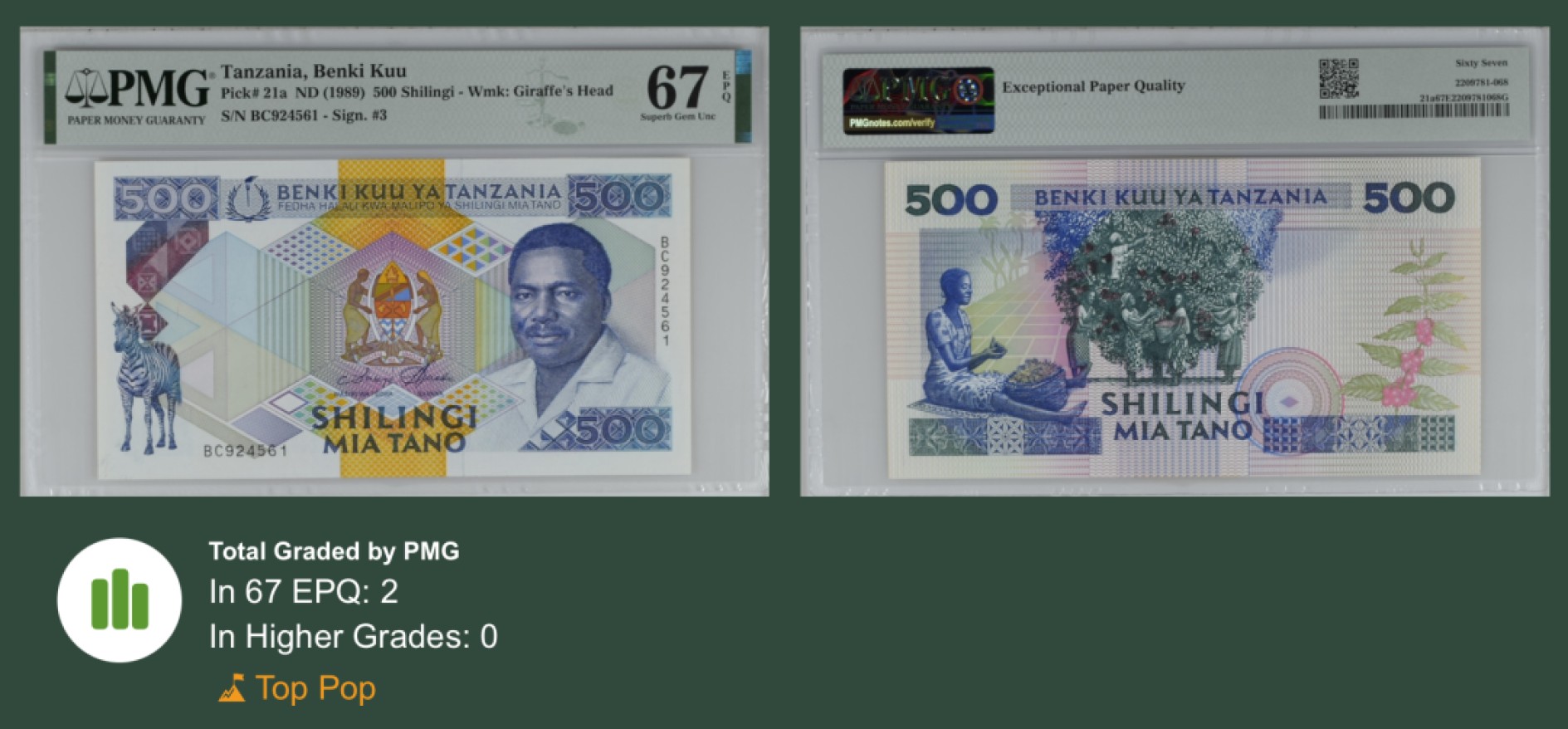 收藏联盟Quantum Auction 第244期拍卖  坦桑尼亚1989年500先令 PMG67 冠军分 采咖啡
