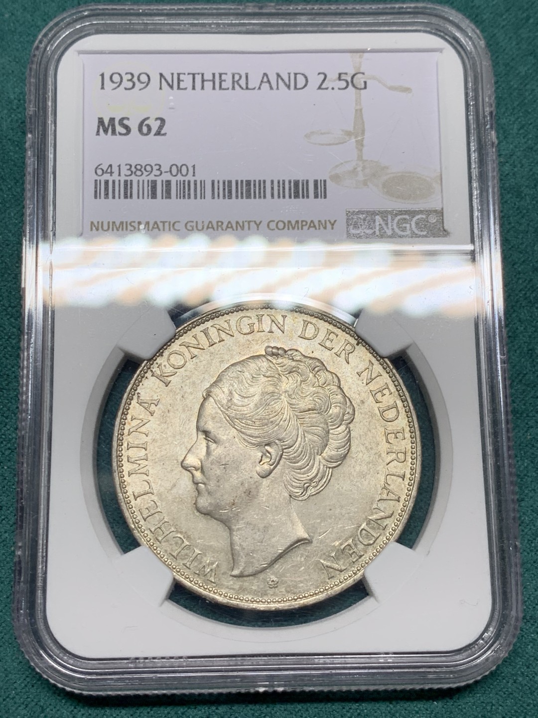 《竞宝斋》第147场-周日，周一 2场 (全场包邮) NGC-MS62 荷兰1939年 威廉米娜2.5盾大银币 原光好品