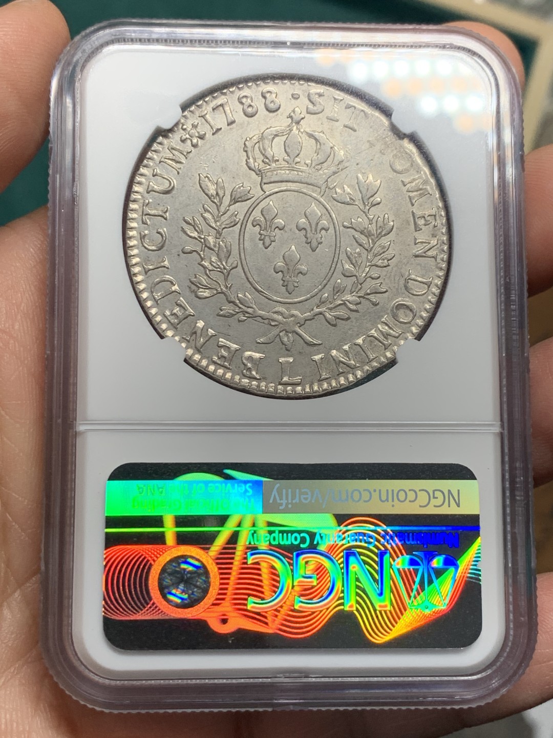 《竞宝斋》第147场-周日，周一 2场 (全场包邮) NGC-AU 法国 1788L巴约讷厂路易十六 1埃居银币 无减重痕 纹章花枝细节佳