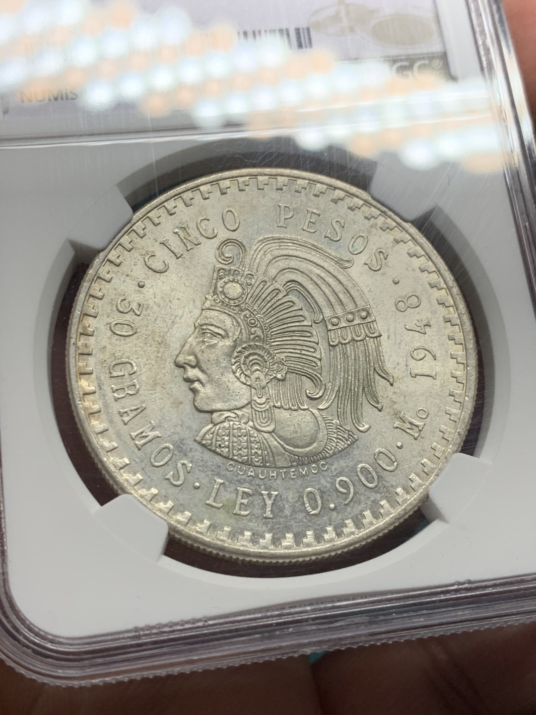 《竞宝斋》第147场-周日，周一 2场 (全场包邮) NGC-MS62 墨西哥1948年 印第安人5比索大银币 原光好品