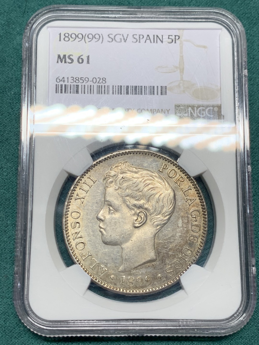 《竞宝斋》第147场-周日，周一 2场 (全场包邮) NGC-MS61 西班牙1899年 阿方索十三世5比塞塔 双柱大银币 原光带彩