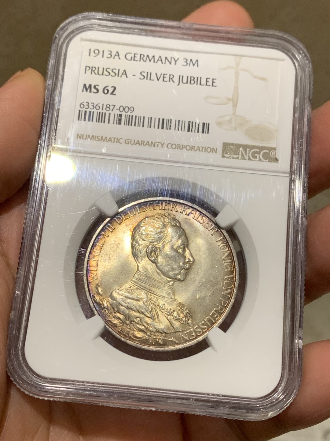 《竞宝斋》第147场-周日，周一 2场 (全场包邮) NGC-MS62 德国 1913年 3马克 银币 普鲁士 威廉二世军装版银币 金色包浆