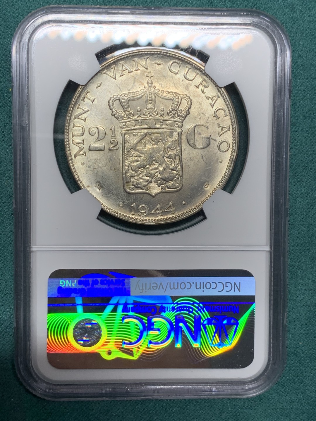 《竞宝斋》第147场-周日，周一 2场 (全场包邮) NGC-MS63 荷属库拉索群岛 1944年 威廉米娜女王2.5盾大银币 原光好品 殖民地系列