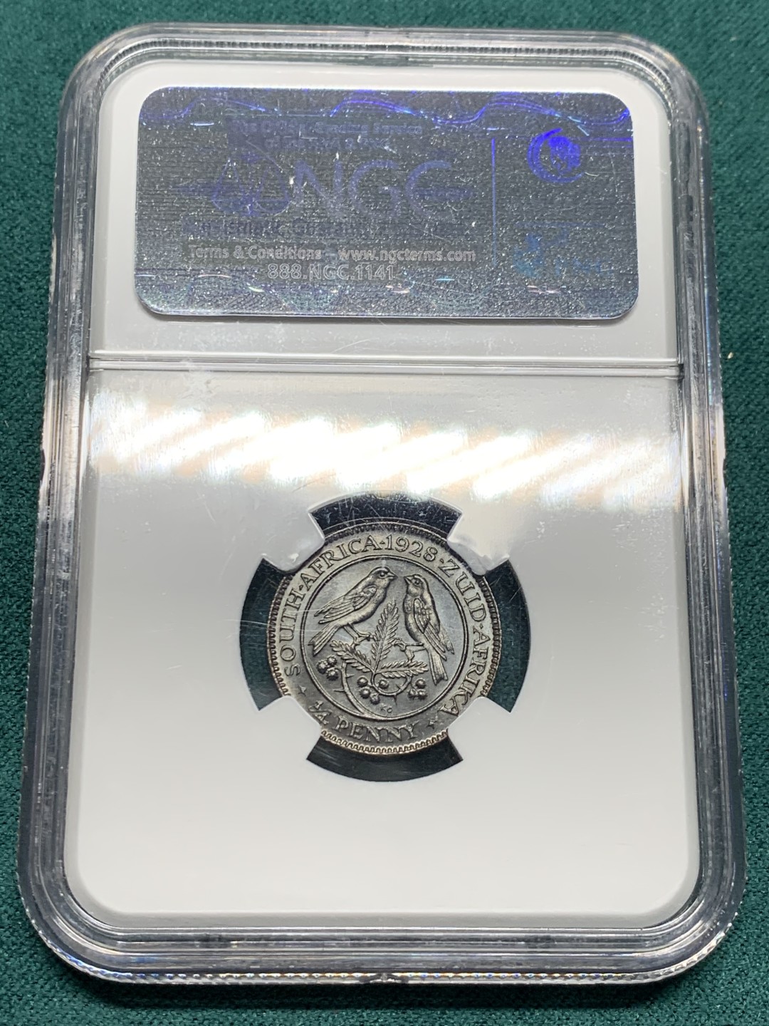 《竞宝斋》第147场-周日，周一 2场 (全场包邮) 亚军 NGC MS66BN 英属1928 南非乔五 1/4便士 顶级状态