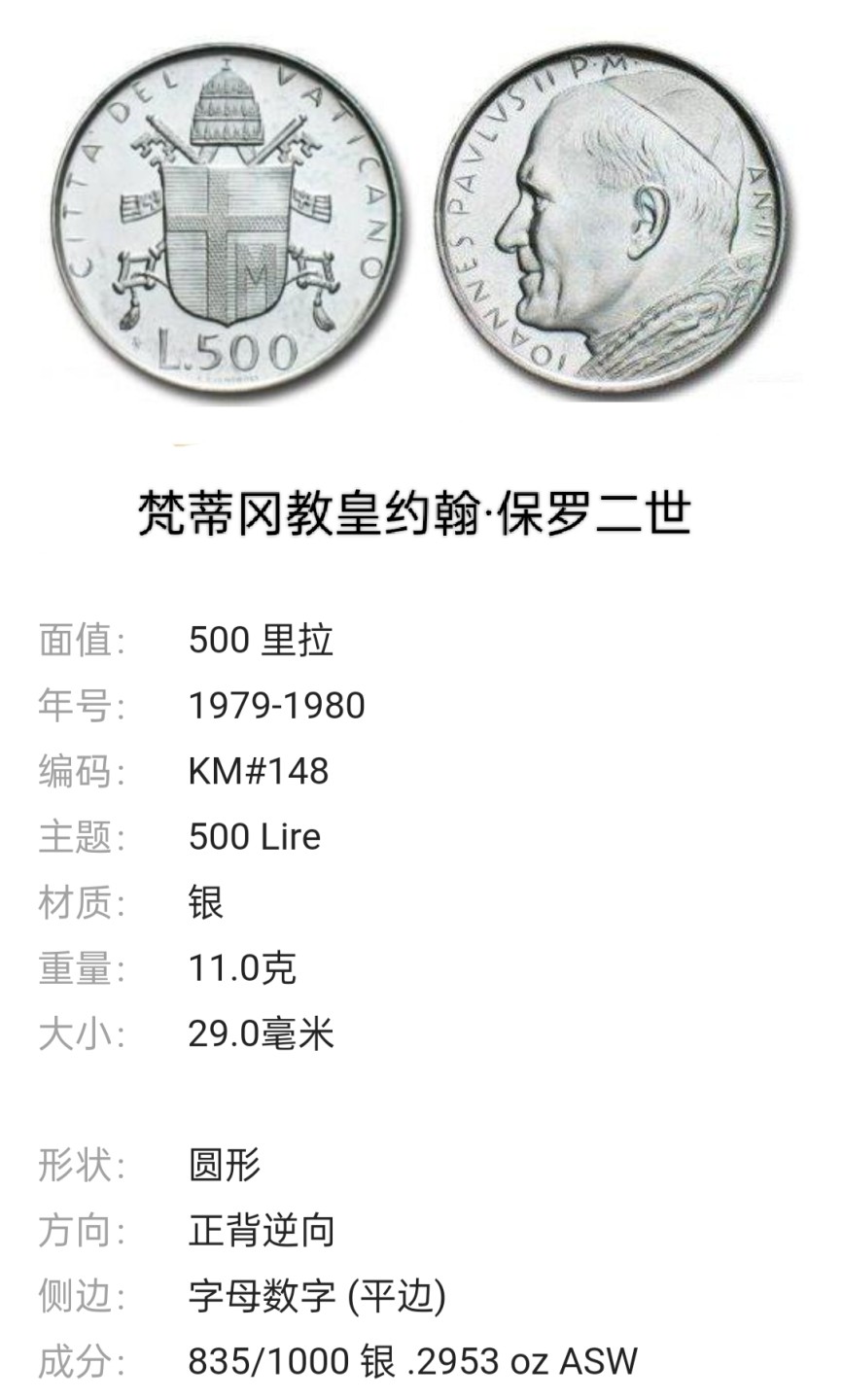 梵蒂冈教皇约翰·保罗二世500里拉银币