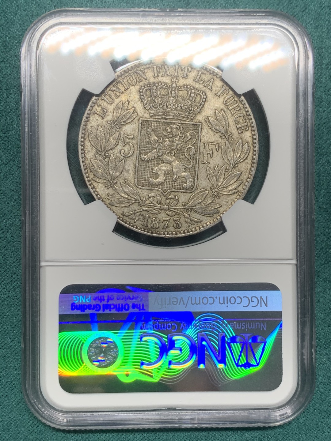 《竞宝斋》第147场-周日，周一 2场 (全场包邮) NGC AUD 比利时 1873年 利奥波德二世 5法郎银币 原味包浆 没有清洗痕迹