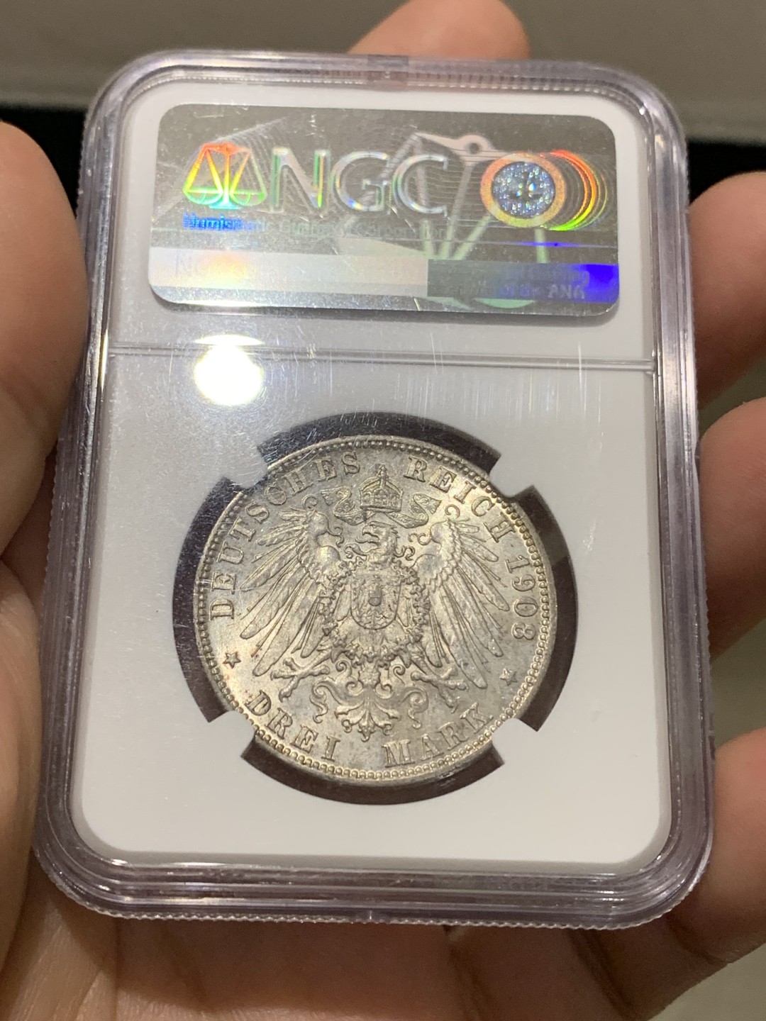 《竞宝斋》第147场-周日，周一 2场 (全场包邮) NGC-MS65 德国 1908年 汉堡3马克银币 顶级高分 转光美丽 一步到位