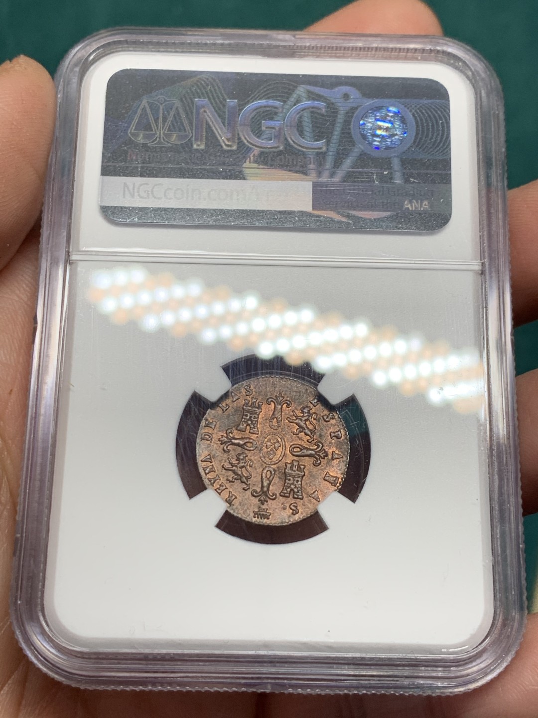 《竞宝斋》第147场-周日，周一 2场 (全场包邮) NGC-MS62 西班牙1840年 猪妹妹伊萨贝拉女王 2M铜币 塞戈维亚造币厂 非常少见的版式和厂名