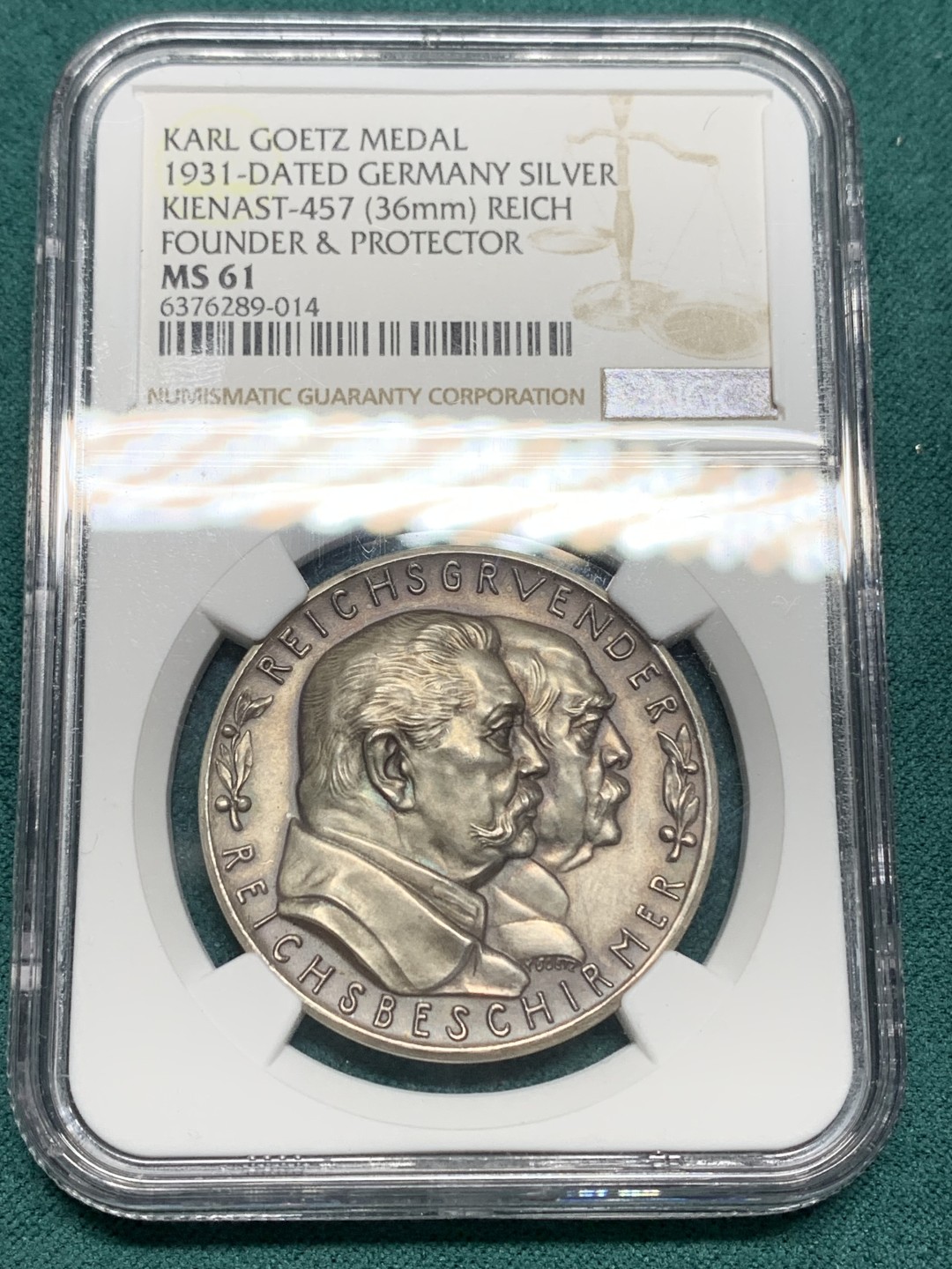 《竞宝斋》第147场-周日，周一 2场 (全场包邮) NGC-MS61  德国1931年建国60周年纪念银章 两位巨头同框