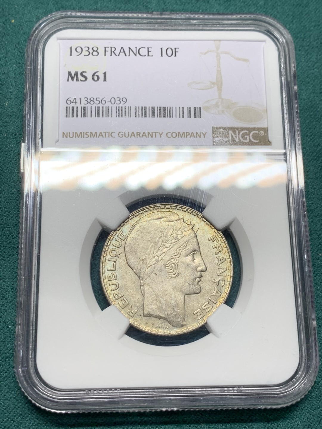 《竞宝斋》第147场-周日，周一 2场 (全场包邮) NGC-MS61 法国1938年 谷物女神10法郎银币 原光带彩