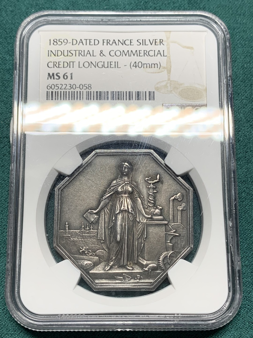 《竞宝斋》第147场-周日，周一 2场 (全场包邮) NGC-MS61 法国1859年工业女神JETON银质八角章 40mm大章 黑彩 低评