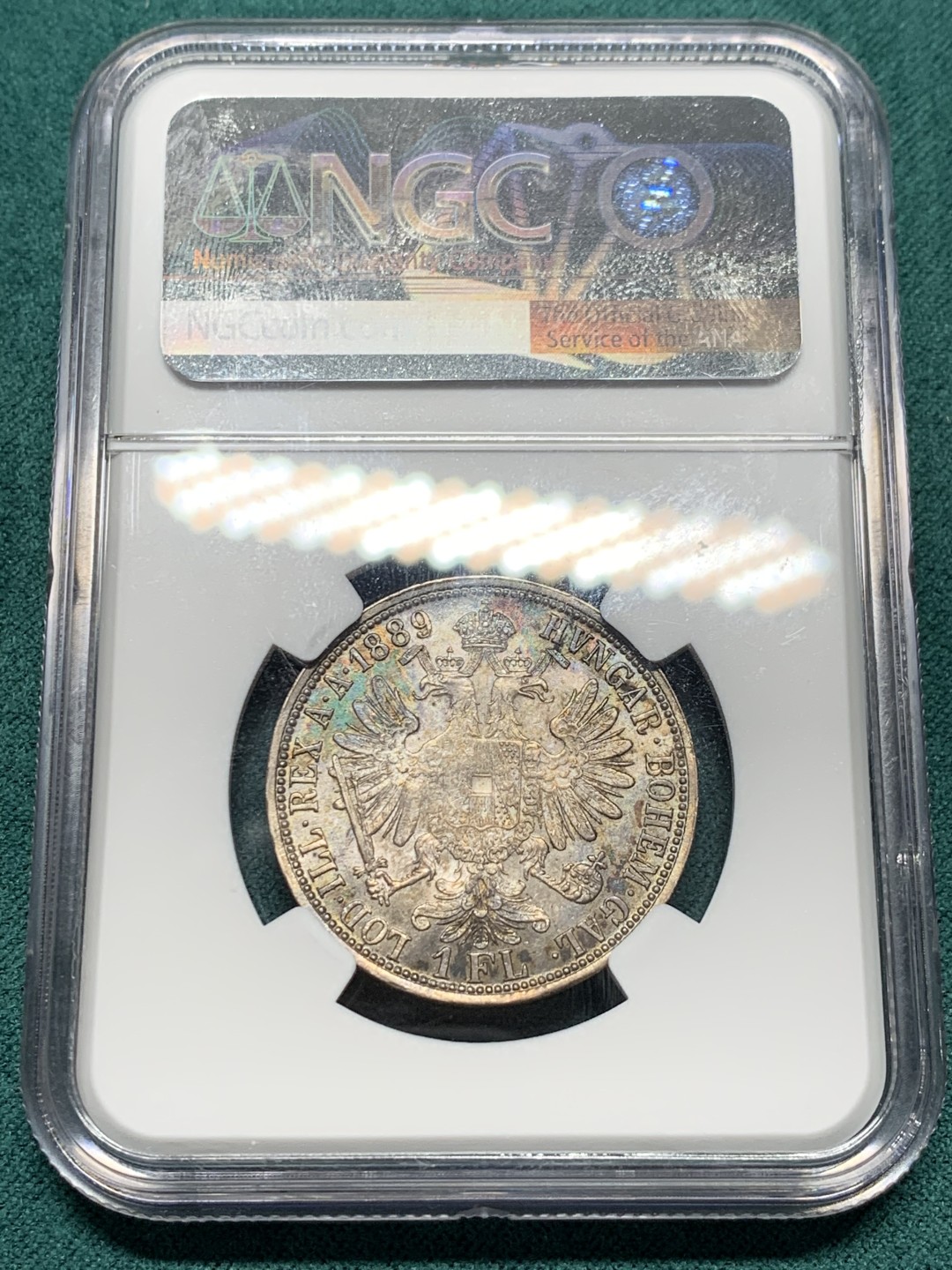 《竞宝斋》第147场-周日，周一 2场 (全场包邮) NGC-AU58 奥地利 1889年 弗朗茨1弗洛林银币 五彩好状态