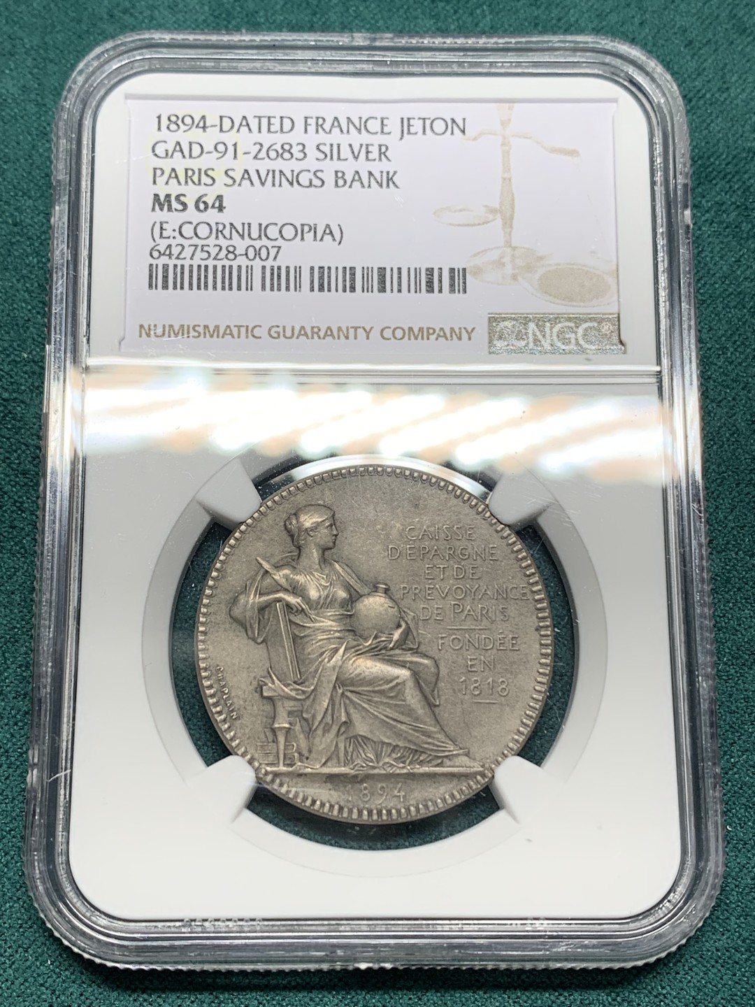 《竞宝斋》第147场-周日，周一 2场 (全场包邮) NGC MS64 1894年法国 巴黎储蓄银行 银质代币 顶级品相状态