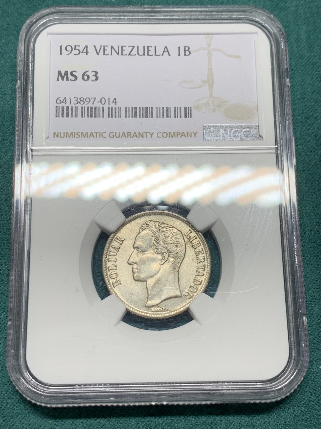 《竞宝斋》第147场-周日，周一 2场 (全场包邮) NGC-MS63 委内瑞拉1954年 1玻利瓦尔银币 原光好品