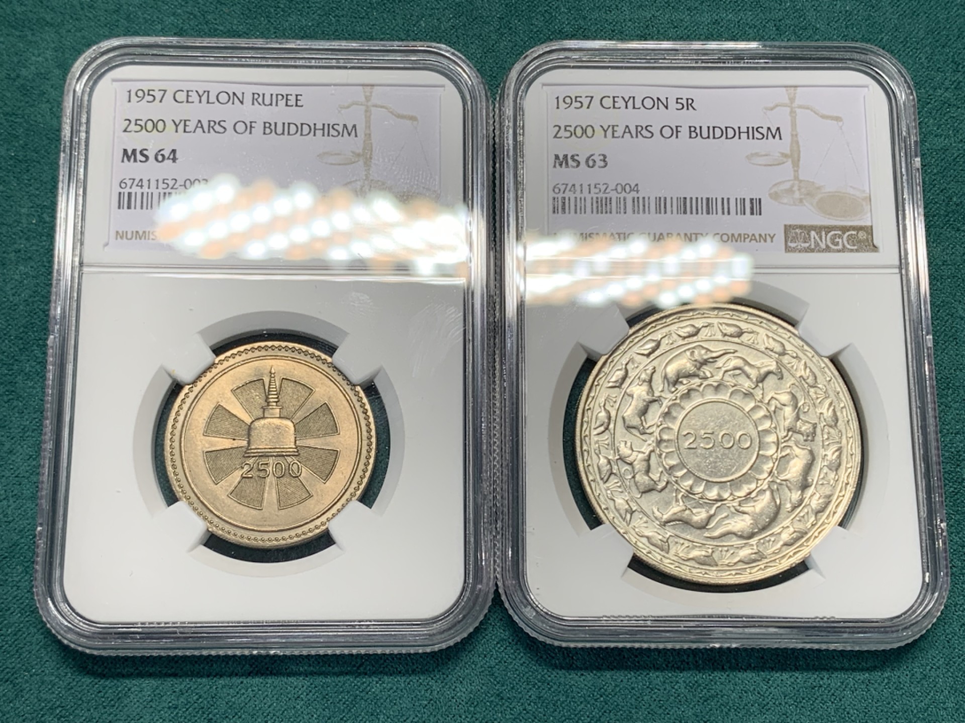 《竞宝斋》第147场-周日，周一 2场 (全场包邮) NGC MS63/64英属锡兰1957年纪念佛教2500年纪念1卢比和5卢比一对，精制已经暴涨，普质稳步上升
