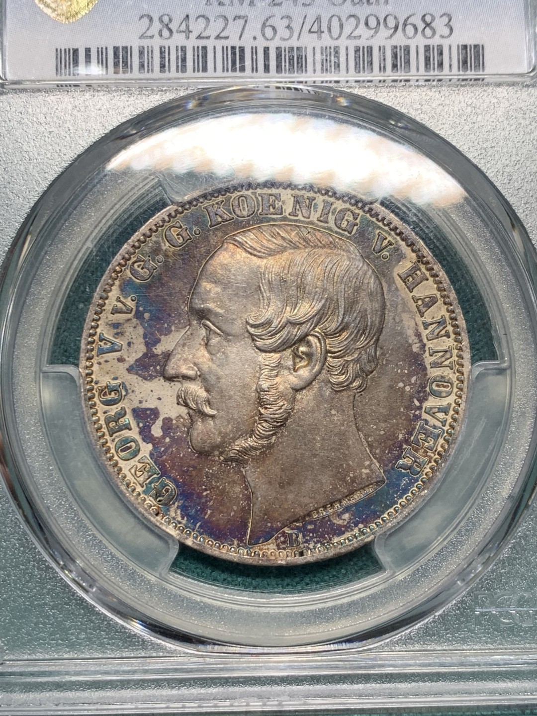 《竞宝斋》第147场-周日，周一 2场 (全场包邮) PCGS MS63 1865-b 汉诺威橡树泰勒银币 漂亮五彩包浆十分难得