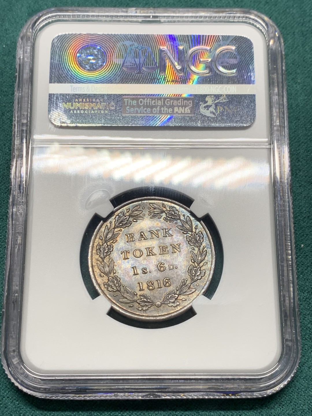 《竞宝斋》第147场-周日，周一 2场 (全场包邮) NGC MS 64 1816年英国英格兰银行代用币乔三1先令6便士（18便士）高分 双面带复古包浆