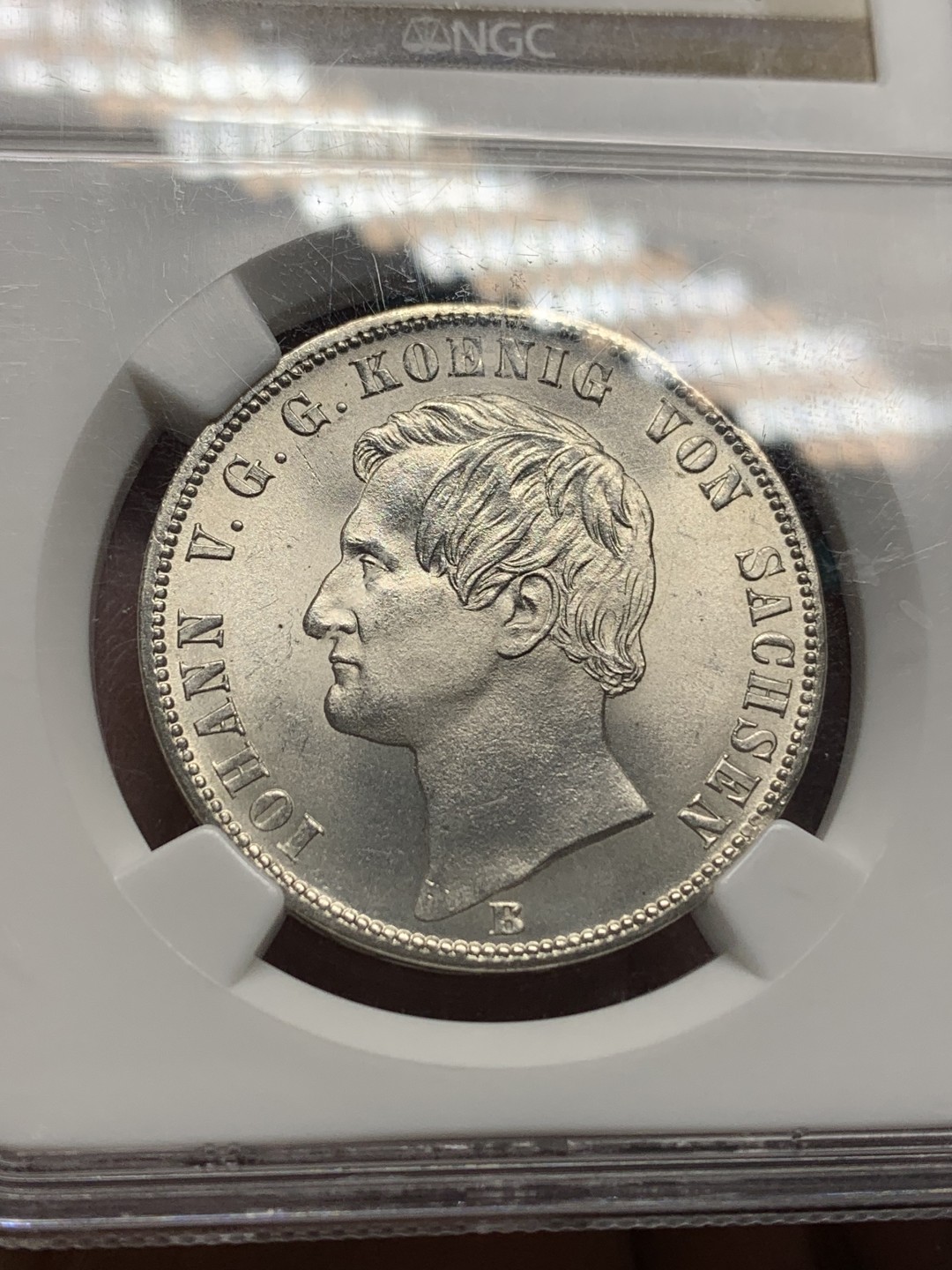 《竞宝斋》第147场-周日，周一 2场 (全场包邮) 高分收藏级！NGC-MS65 德国 1871B 萨克森双狮1泰勒银币 霜光冷峻 细节完美 十字转光 真正GEM级别