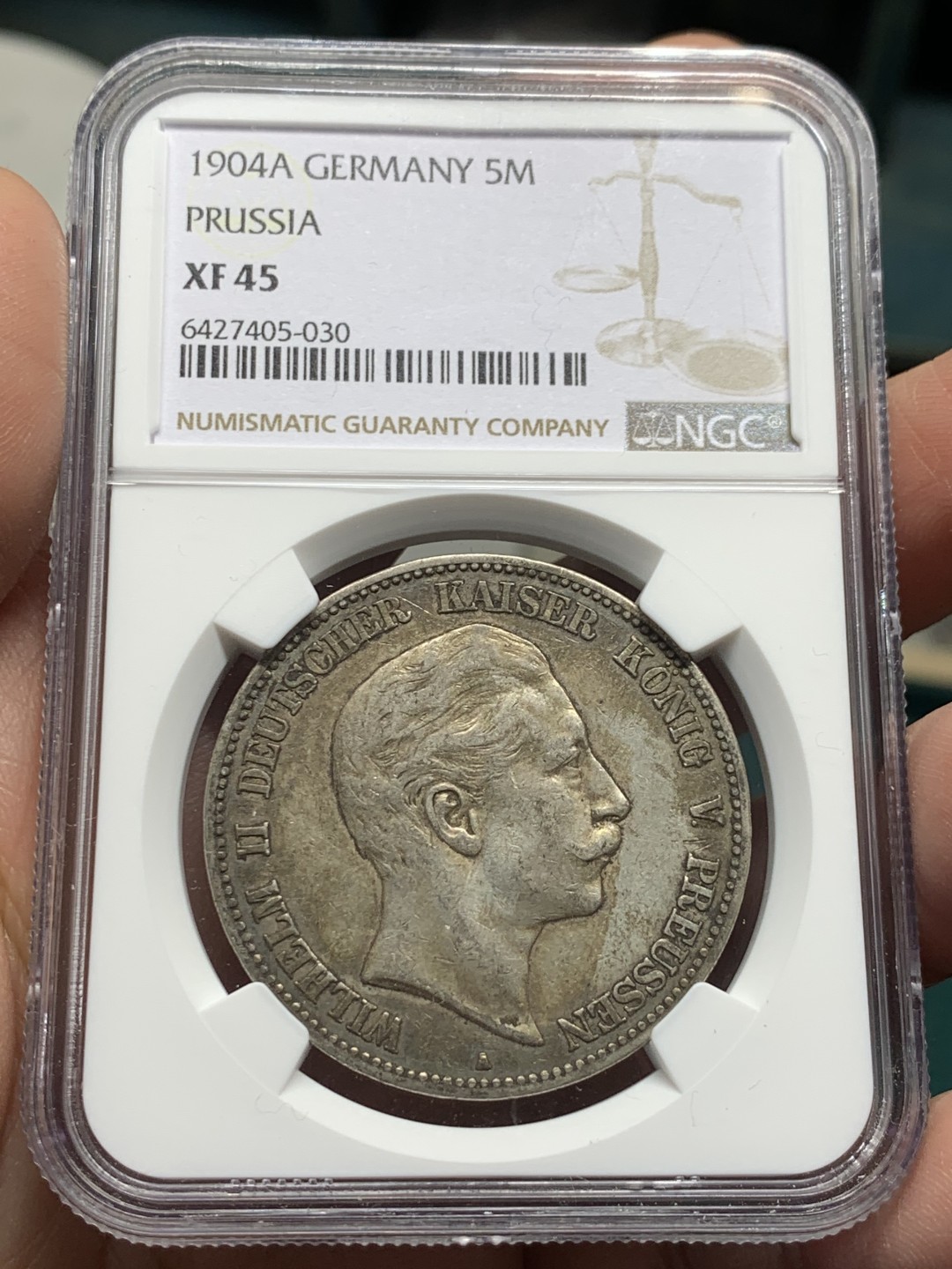 《竞宝斋》第147场-周日，周一 2场 (全场包邮) NGC-XF45 德国普鲁士 1904年威廉二世 5马克大银币 原味好品