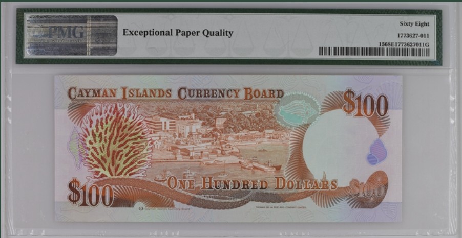 收藏联盟Quantum Auction 第244期拍卖  开曼群岛1991年100元 PMG68 冠军分 该国首次发行花冠版100元  稀少版