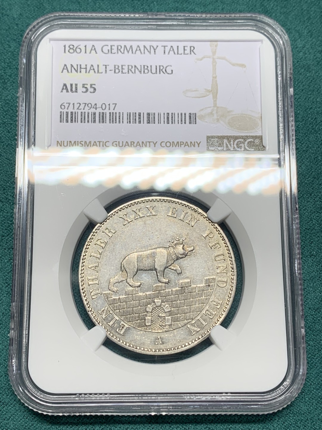 《竞宝斋》第147场-周日，周一 2场 (全场包邮) NGC-AU55 德国安哈尔特1861年小熊爬墙1泰勒银币