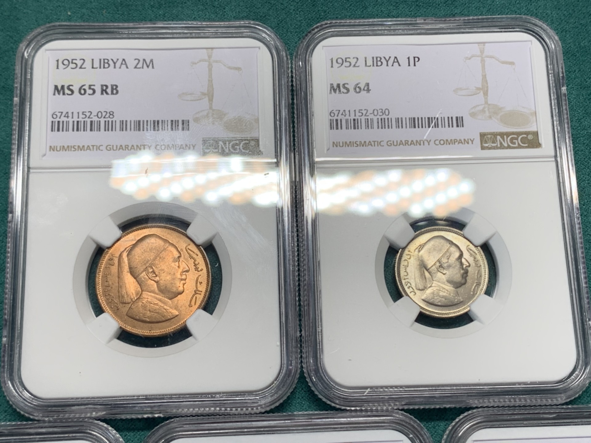 《竞宝斋》第147场-周日，周一 2场 (全场包邮) NGC MS64/65/65/64/64利比亚1952年伊德里斯一世清年版这个分数不用再换了可以压箱底了铜币铜光饱满镍币车轮光明显凑齐一套不容易