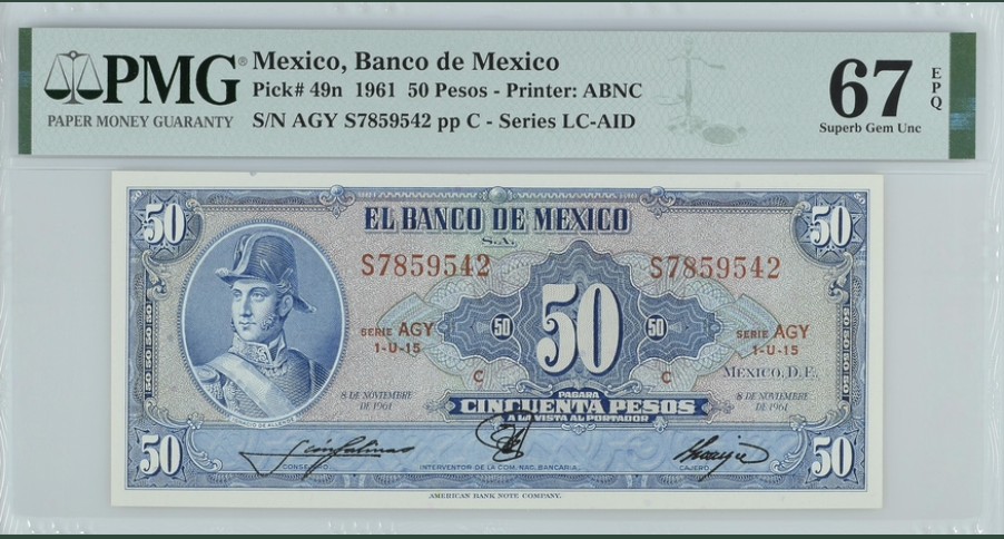 收藏联盟Quantum Auction 第244期拍卖  墨西哥1961年50比索 PMG67 冠军分