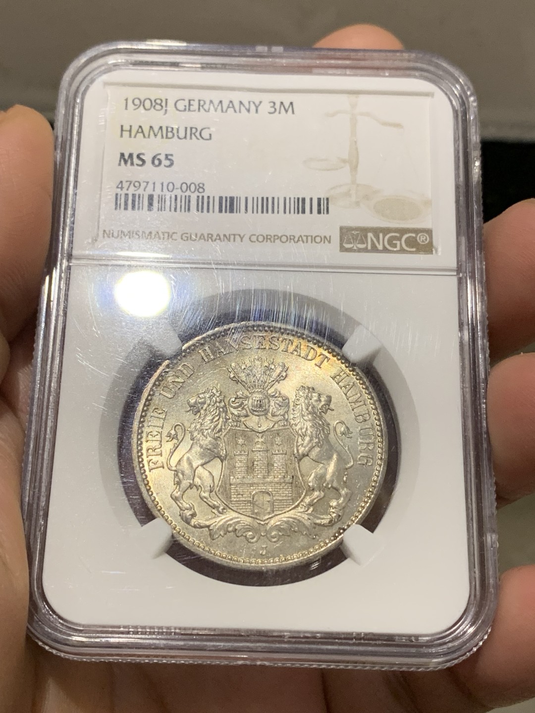 《竞宝斋》第147场-周日，周一 2场 (全场包邮) NGC-MS65 德国 1908年 汉堡3马克银币 顶级高分 转光美丽 一步到位