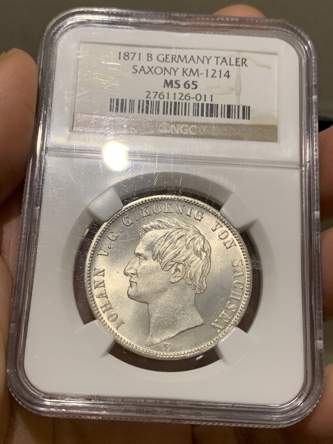 《竞宝斋》第147场-周日，周一 2场 (全场包邮) 高分收藏级！NGC-MS65 德国 1871B 萨克森双狮1泰勒银币 霜光冷峻 细节完美 十字转光 真正GEM级别