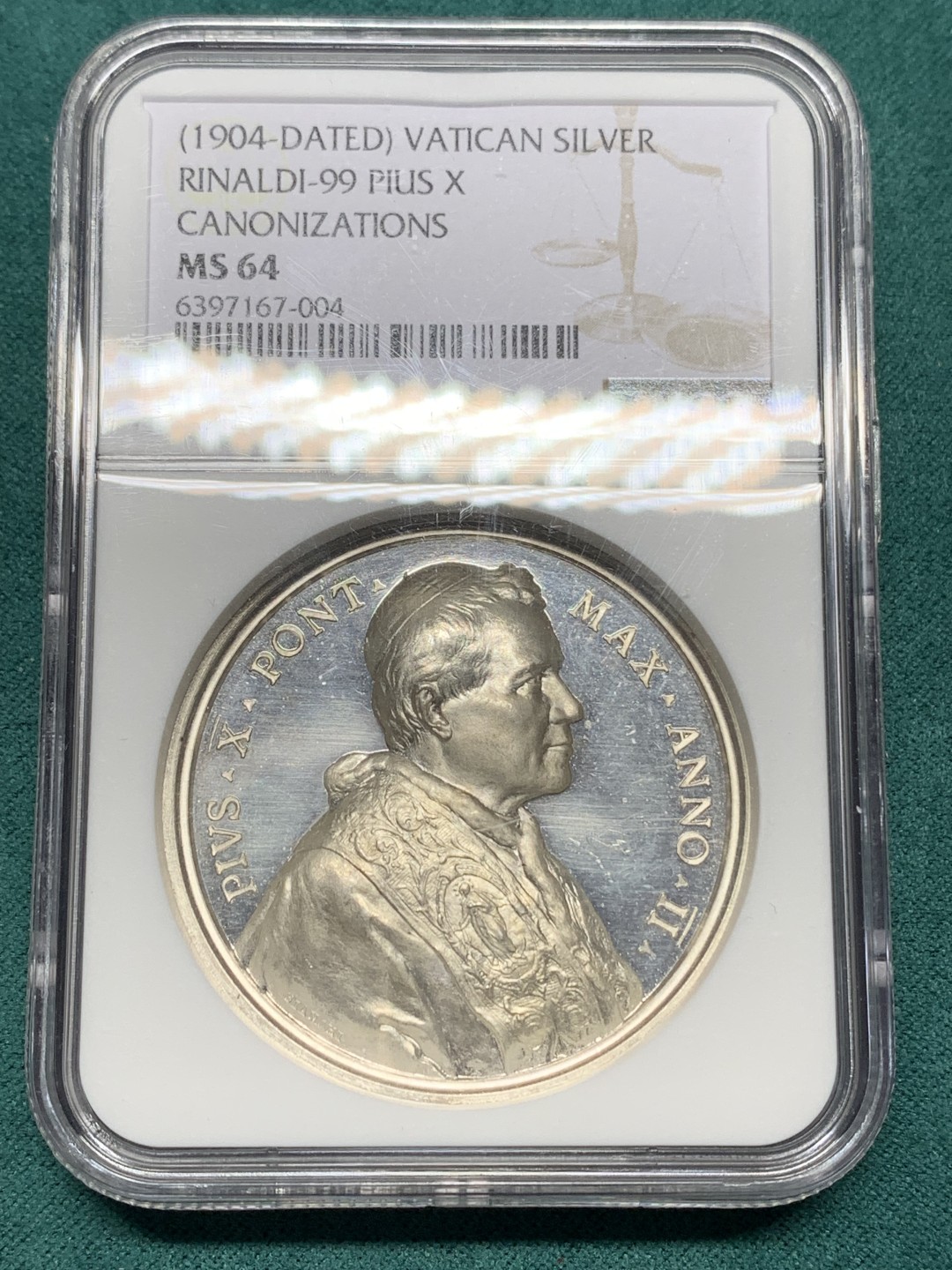 《竞宝斋》第147场-周日，周一 2场 (全场包邮) NGC-MS64 梵蒂冈1904 教宗庇护十世封圣银章 高分 浮雕美工艺佳