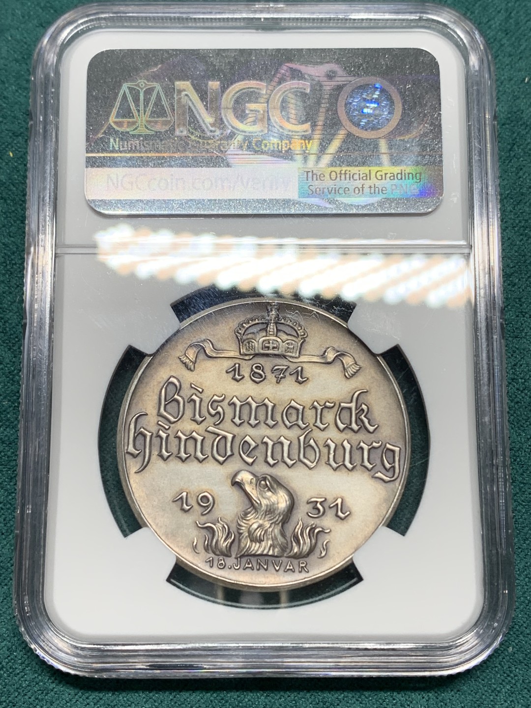 《竞宝斋》第147场-周日，周一 2场 (全场包邮) NGC-MS61  德国1931年建国60周年纪念银章 两位巨头同框