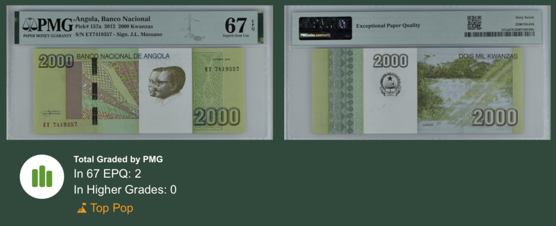 收藏联盟Quantum Auction 第244期拍卖  安哥拉2012年2000克瓦查 PMG67 冠军分