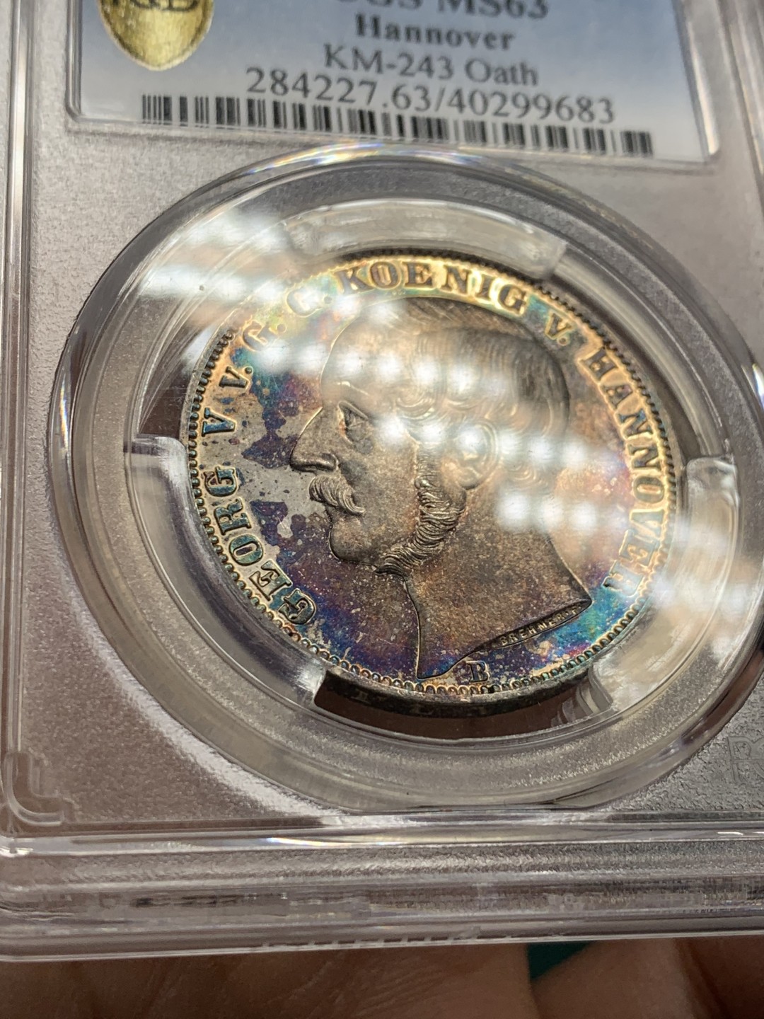 《竞宝斋》第147场-周日，周一 2场 (全场包邮) PCGS MS63 1865-b 汉诺威橡树泰勒银币 漂亮五彩包浆十分难得