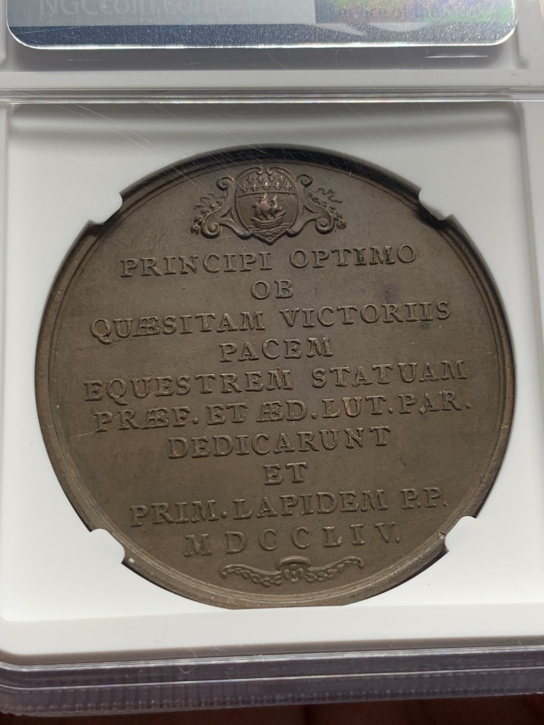 《竞宝斋》第147场-周日，周一 2场 (全场包邮) NGC-MS62 法国1754年 路易十五 宣誓高浮雕大铜章 稀少品种