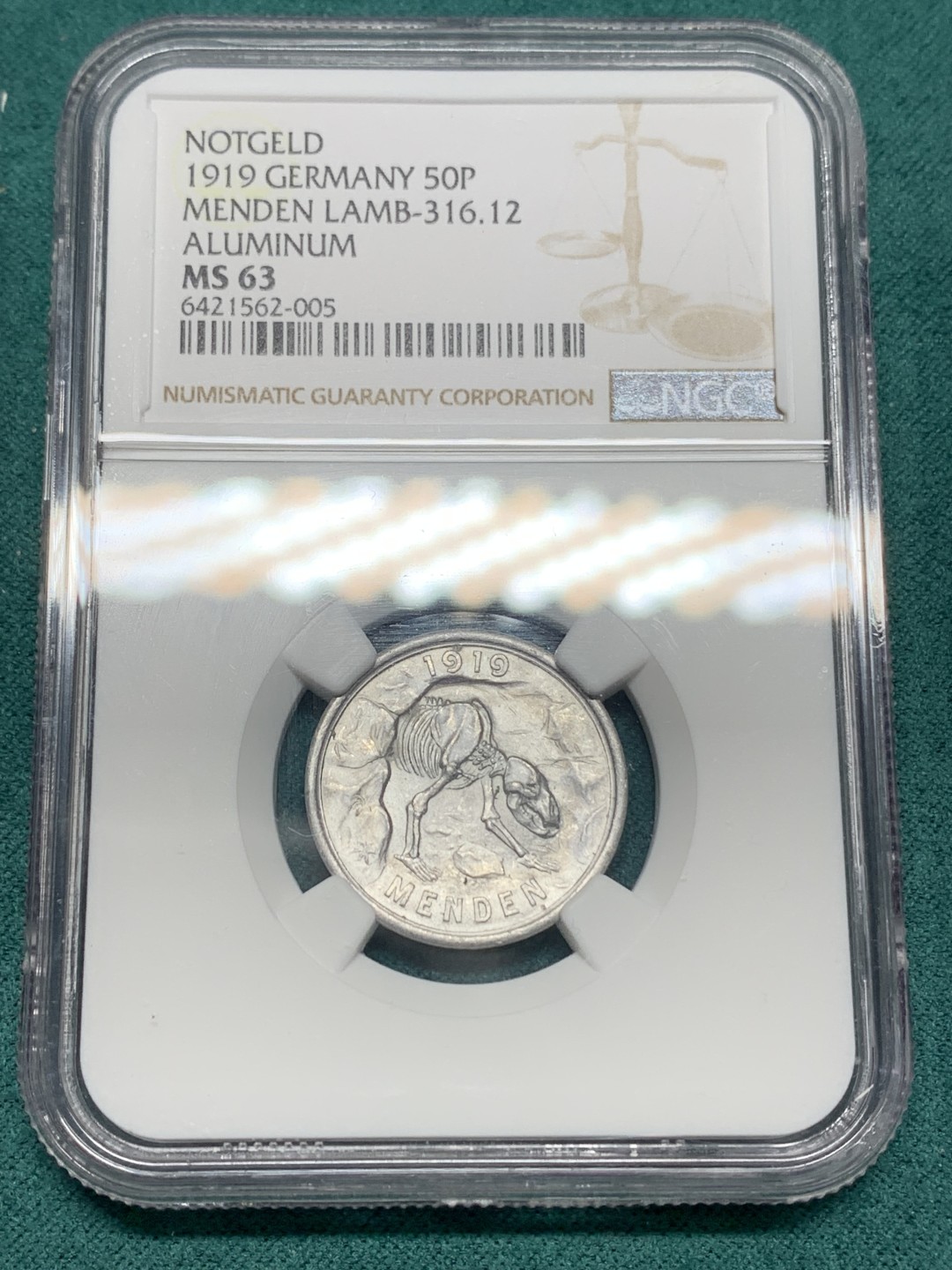 《竞宝斋》第147场-周日，周一 2场 (全场包邮) NGC-MS63 德国 1920/1919年 紧急状态时期门登洞熊  50芬尼 德紧小名誉品 状态非常棒