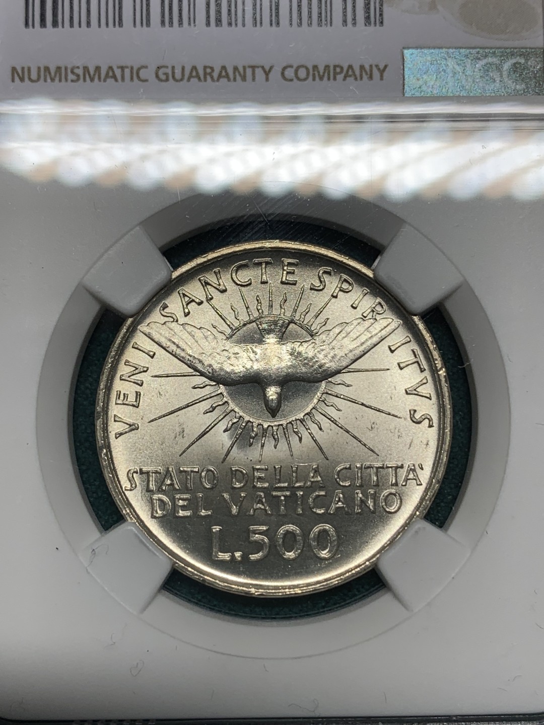 《竞宝斋》第147场-周日，周一 2场 (全场包邮) NGC-MS65 梵蒂冈1958年500里拉宗教缺位银币，高分品种