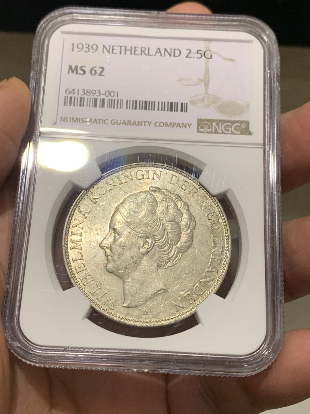 《竞宝斋》第147场-周日，周一 2场 (全场包邮) NGC-MS62 荷兰1939年 威廉米娜2.5盾大银币 原光好品