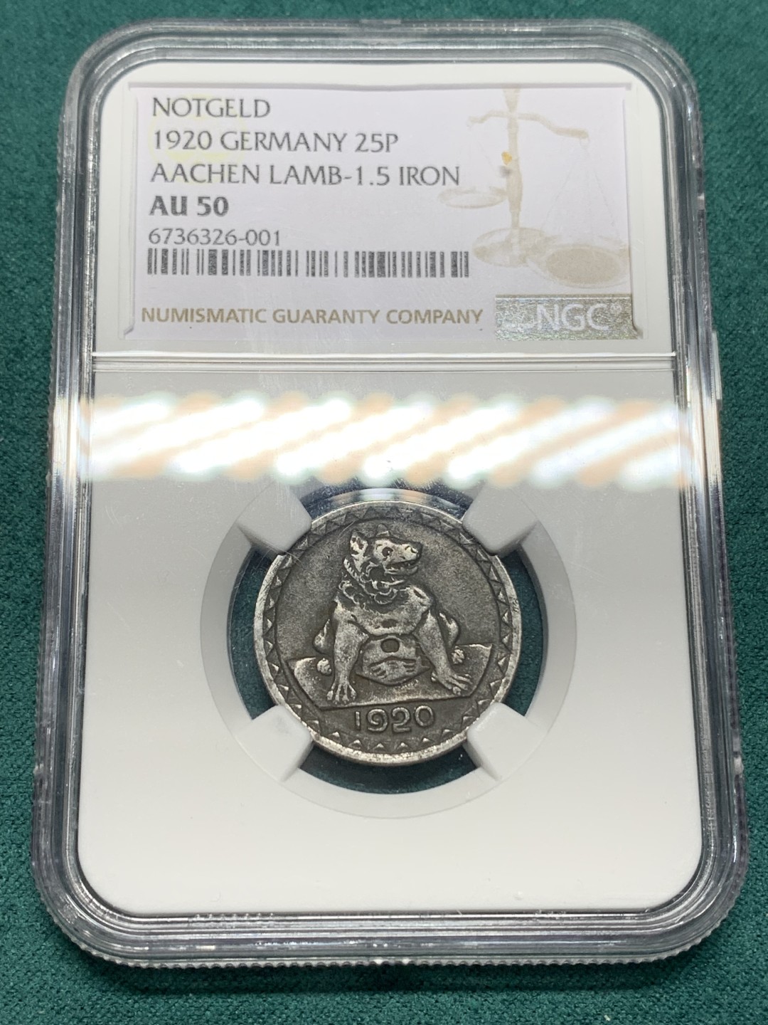 《竞宝斋》第147场-周日，周一 2场 (全场包邮) NGC-AU50 德国 1920年 紧急状态时期亚琛 无心狼  25芬尼 原味老包浆细节很棒 低评状态 稀少品种