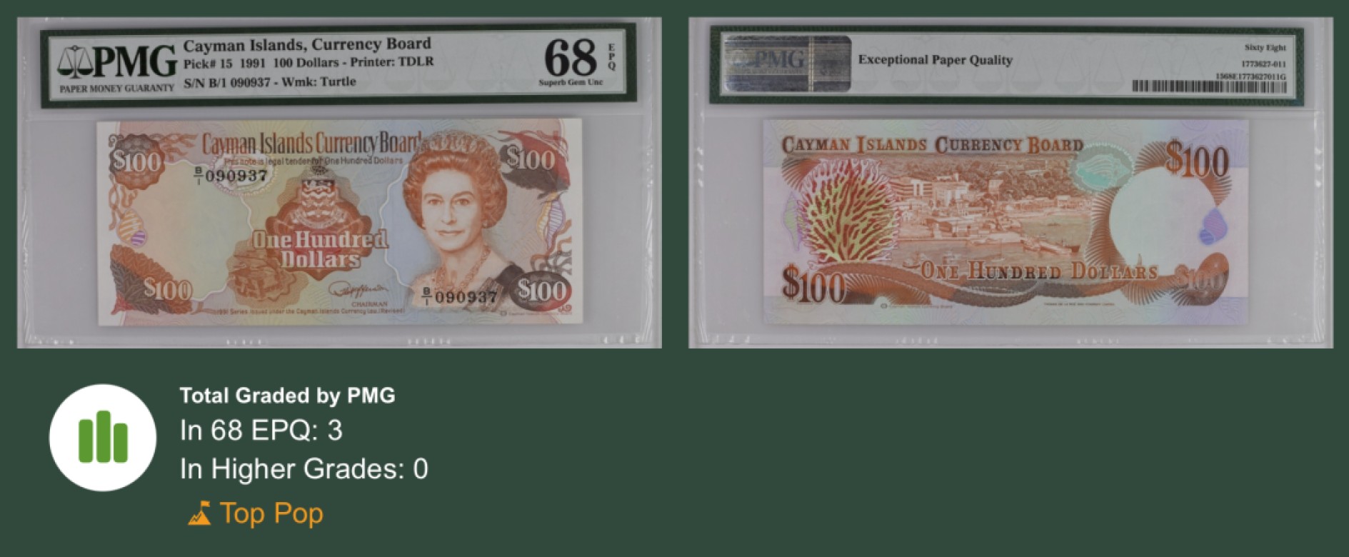 收藏联盟Quantum Auction 第244期拍卖  开曼群岛1991年100元 PMG68 冠军分 该国首次发行花冠版100元  稀少版