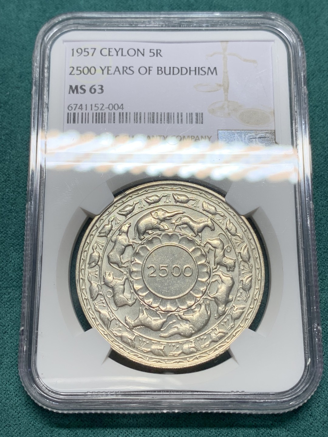 《竞宝斋》第147场-周日，周一 2场 (全场包邮) NGC MS63/64英属锡兰1957年纪念佛教2500年纪念1卢比和5卢比一对，精制已经暴涨，普质稳步上升