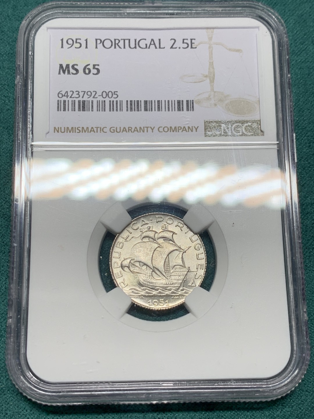 《竞宝斋》第147场-周日，周一 2场 (全场包邮) NGC-MS65 葡萄牙1951年 大帆船2.5埃斯库多银币 顶级好品
