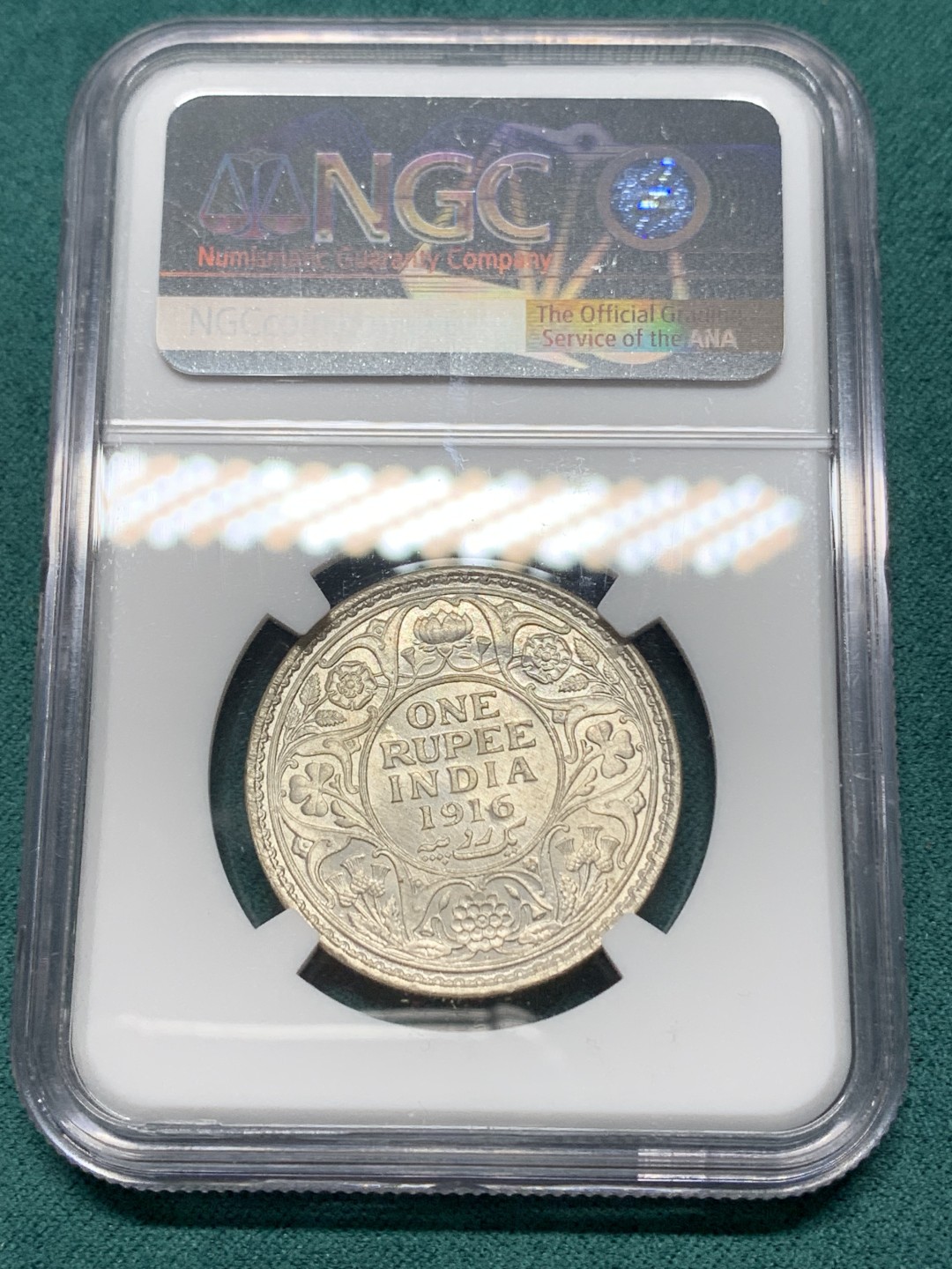 《竞宝斋》第147场-周日，周一 2场 (全场包邮) NGC-MS63印度1916年1卢比银币 强光好状态严重低评