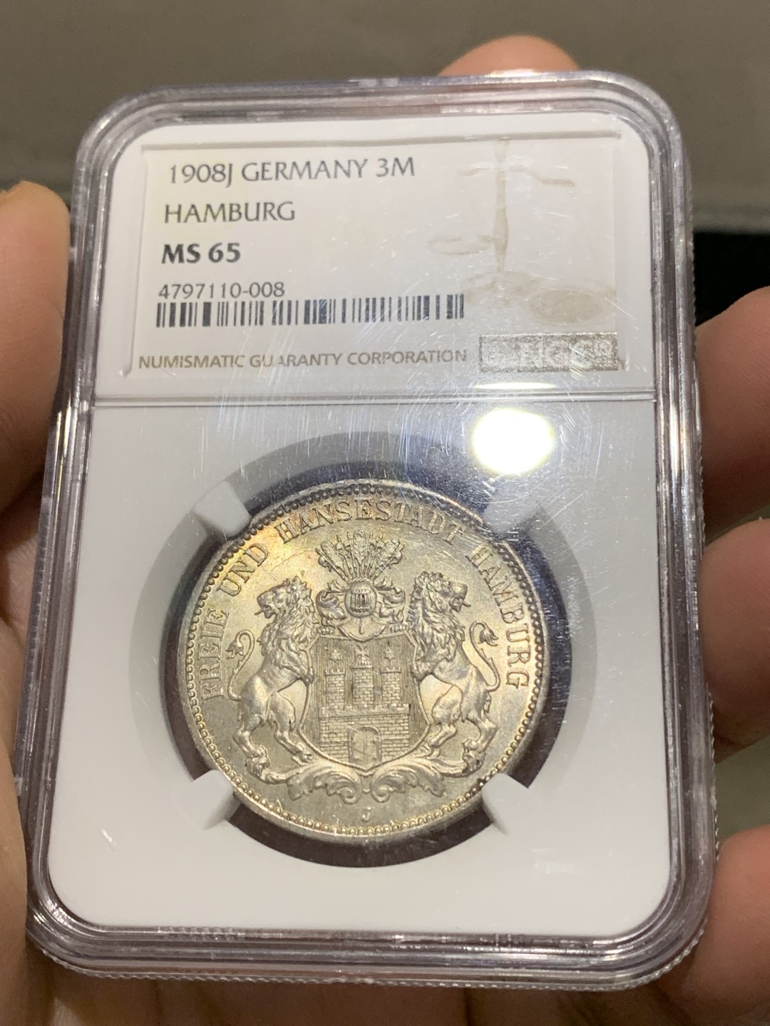 《竞宝斋》第147场-周日，周一 2场 (全场包邮) NGC-MS65 德国 1908年 汉堡3马克银币 顶级高分 转光美丽 一步到位