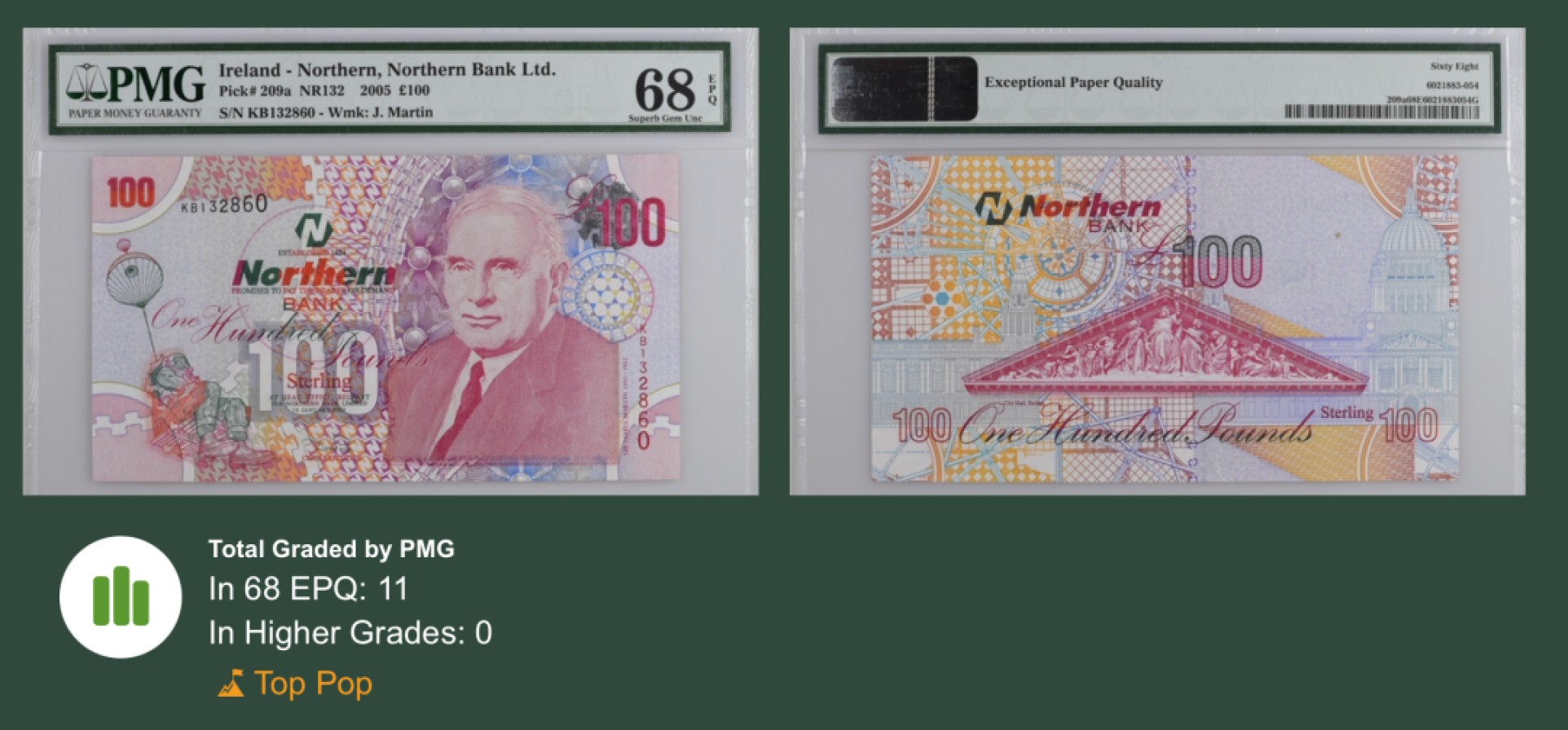 收藏联盟Quantum Auction 第244期拍卖  北爱尔兰2005年100镑 PMG68 冠军分