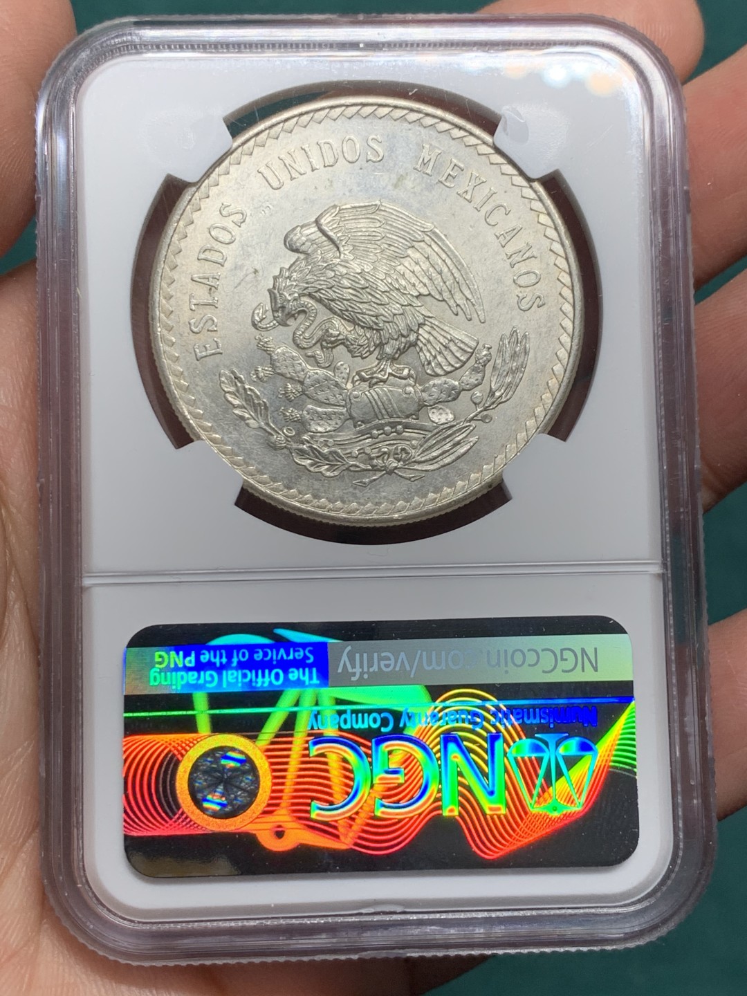 《竞宝斋》第147场-周日，周一 2场 (全场包邮) NGC-MS62 墨西哥1948年 印第安人5比索大银币 原光好品