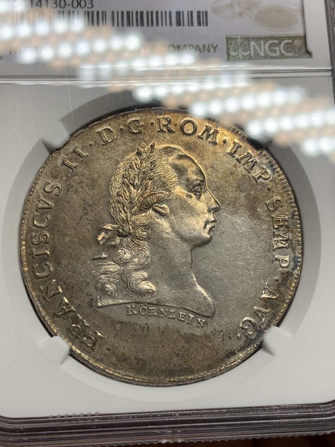 《竞宝斋》第147场-周日，周一 2场 (全场包邮) NGC MS61 1793神圣罗马帝国末代皇帝弗朗茨二世雷根斯堡市 景观大泰勒银币，价格平稳上涨的品种，老包浆，带点PL的感觉。很漂亮