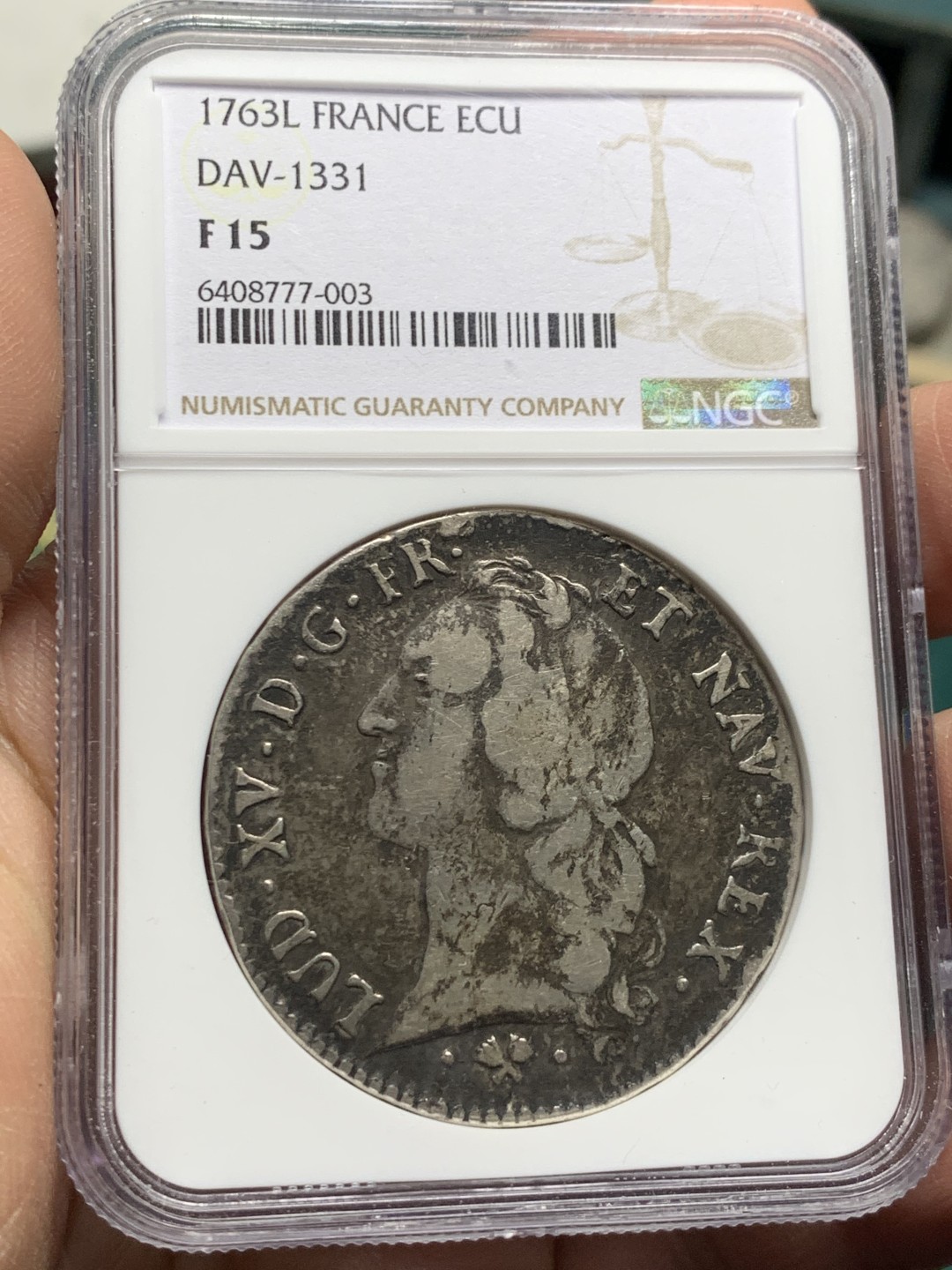 《竞宝斋》第147场-周日，周一 2场 (全场包邮) NGC-F15 法国1763-L年 路易十五埃居大银币 原味老包浆